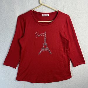 Retrology Women Graphic Top Red Medium Long Sleeve "Paris" Crew Neck Cotton Soft